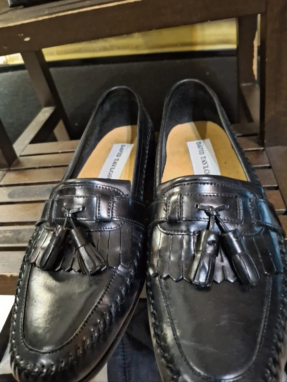 David Taylor Black Leather Tassel Kiltie Loafers